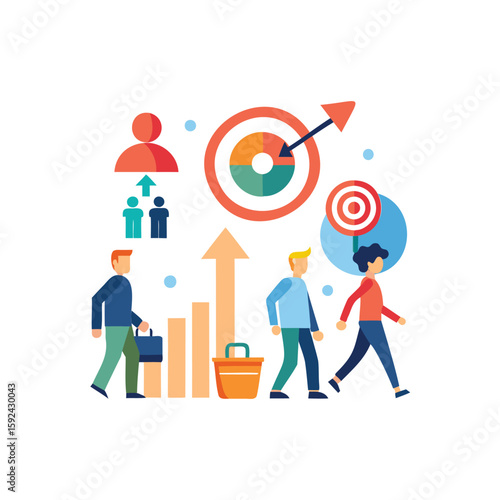 Business professionals advancing towards goals with growth charts and targets