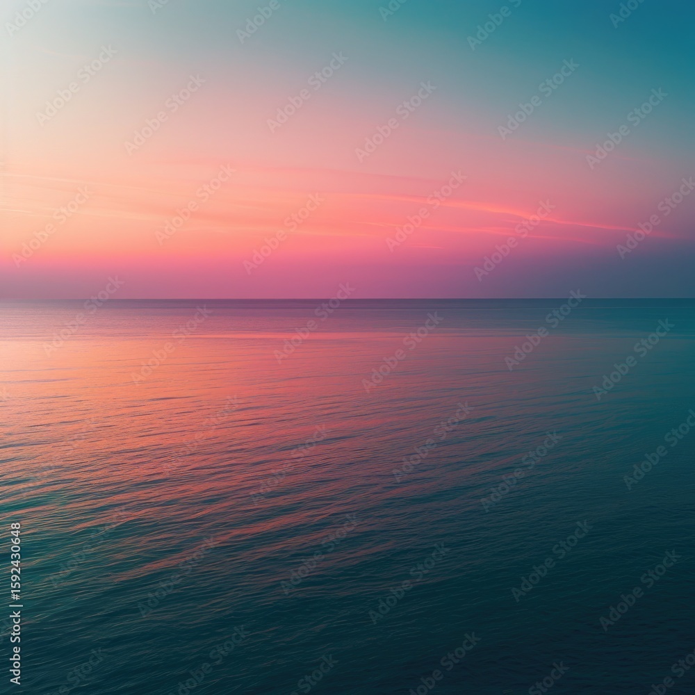 Obraz premium Serene sunset over calm ocean waters, displaying a gradient of pink, purple, and teal hues reflecting on the tranquil surface