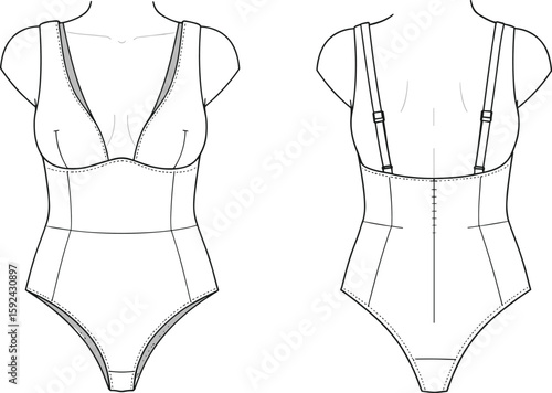 Women's bodysuit fashion flat sketch, front and back view, lingerie template design, deep neckline, adjustable strap technical drawing