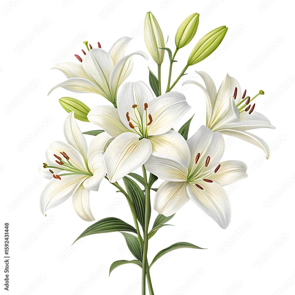 Fototapeta premium Elegant bouquet of white lilies with green stems and buds isolated on transparent background