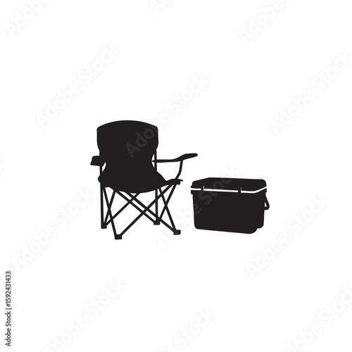 Silhouette of folding chair and cooler evokes outdoor relaxation and leisure