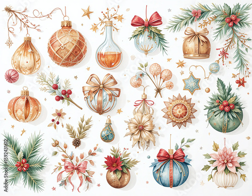 Christmas clipart set with baubles, fir branches, bows, and festive decorations. Perfect for holiday cards and seasonal designs
