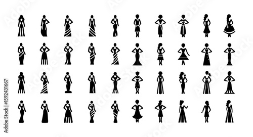 Elegant Women Silhouette Vector – Side-View Fashion Pose of Woman in Dress for Style, Beauty, and Fashion Design