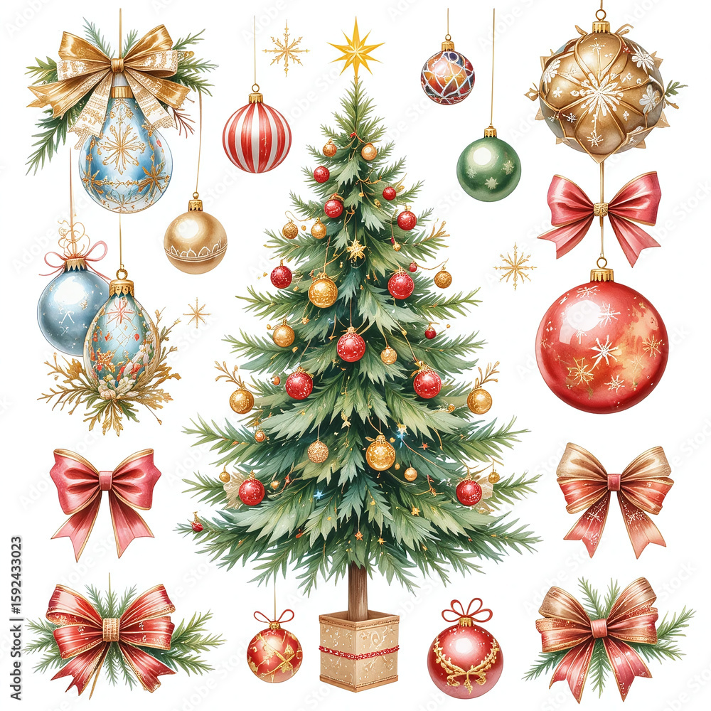 Fototapeta premium Watercolor illustration clipart set with decorated Christmas tree, baubles, bows, and festive ornaments. Perfect for holiday design