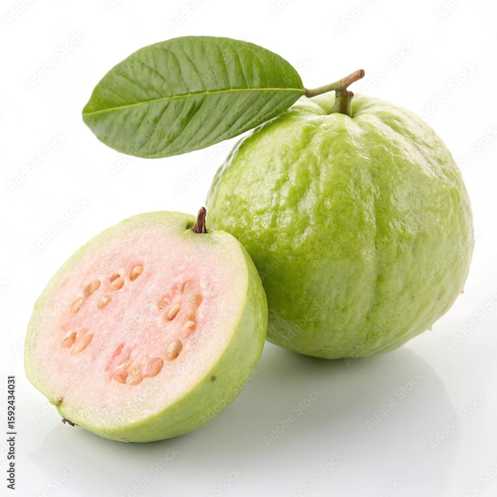 Fresh pink guava fruit and leaf isolated on white background Fresh pink guava fruit and leaf isolated on white background