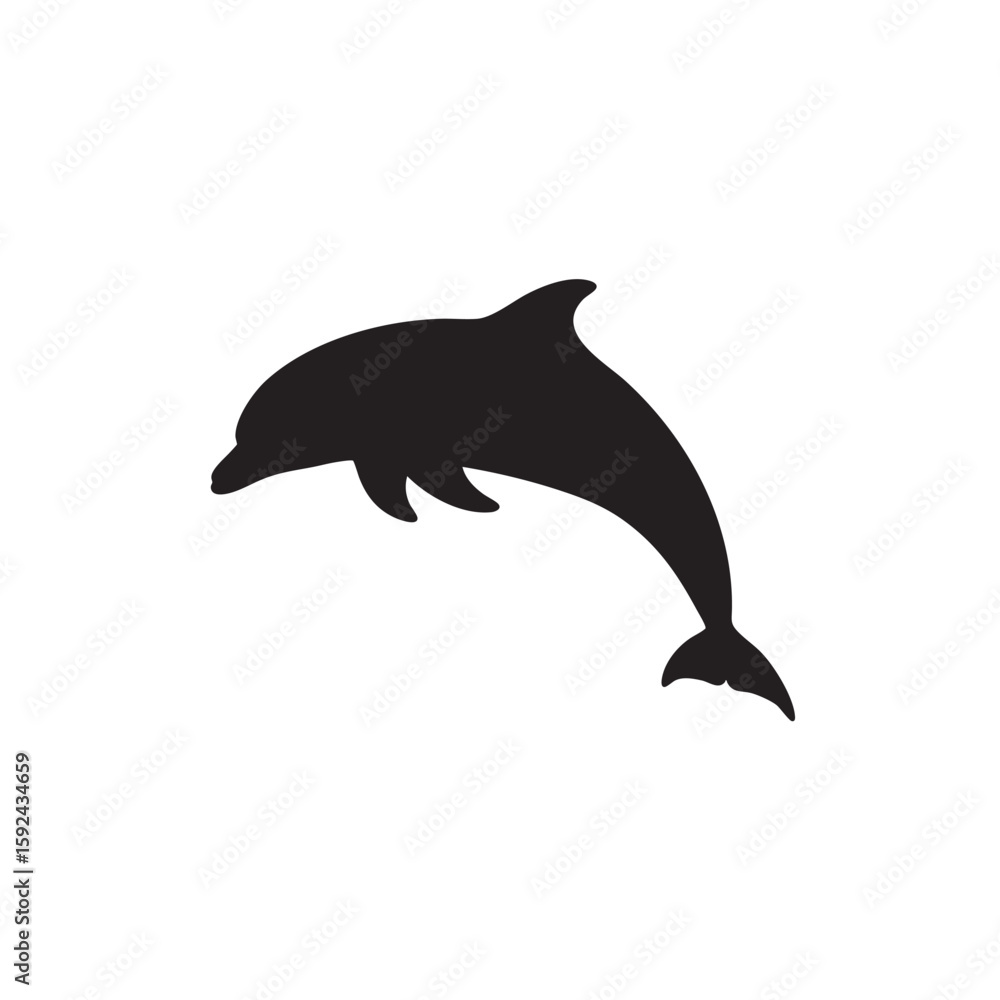Fototapeta premium Black silhouette of a dolphin jumping on a clean white background