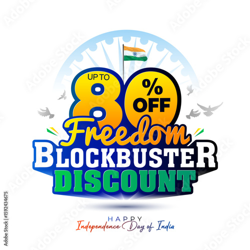 Happy Independence Day India freedom festival sale concept. Tricolour flag with 80% off freedom blockbuster discount logo unit.
