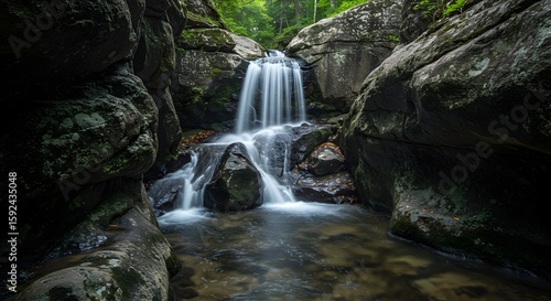 Serene Waterfall Cascading Through Rocky Gorge
