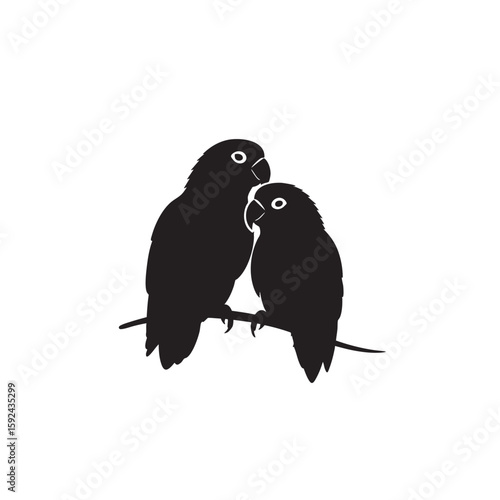 Silhouette of two lovebirds perched closely on a tree branch together