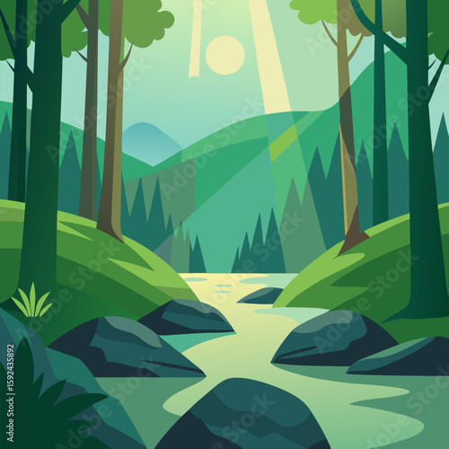 Serene forest glade with sunlight filtering through the trees, moss-covered rocks, and a gentle stream vector landscape natural background.
