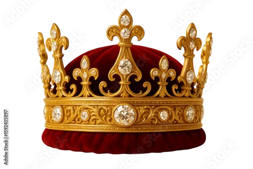 Obraz Ornate gold crown with red velvet and diamonds isolated on transparent background
