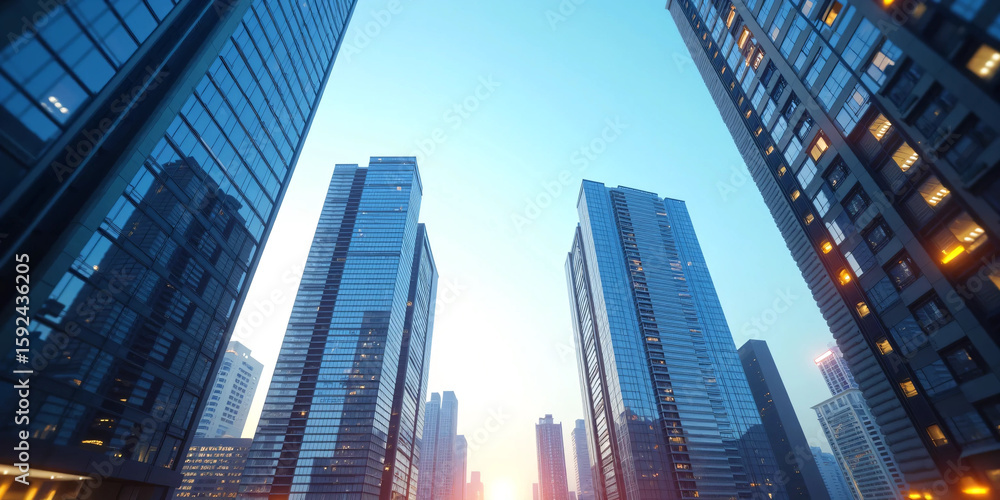 Obraz premium Upward wide-angle view of modern corporate skyscrapers with glass reflections and open blue sky, symbolizing business growth, financial ambition, and real estate development in urban city centers.