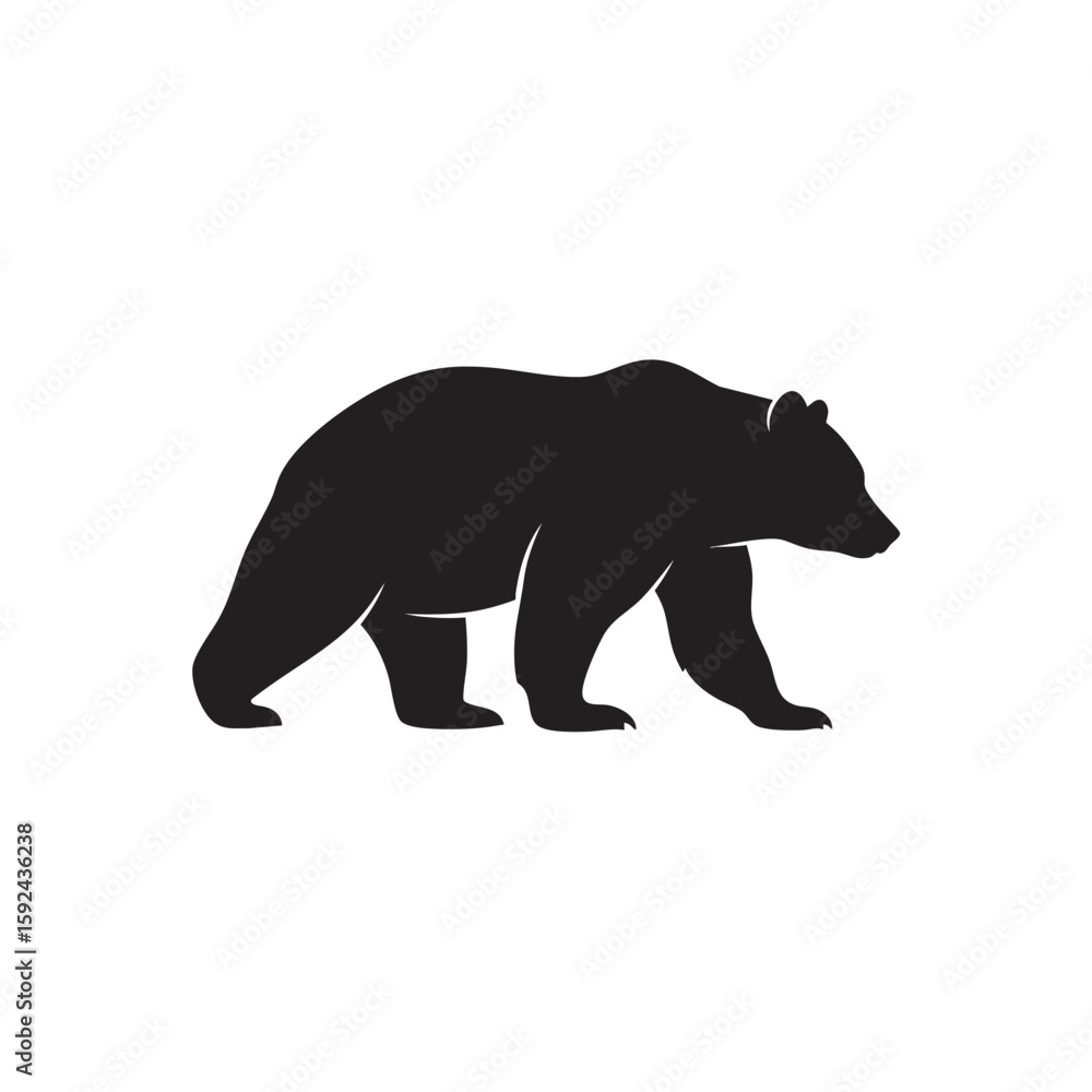 Fototapeta premium Black bear silhouette calmly walking to the right side on white background