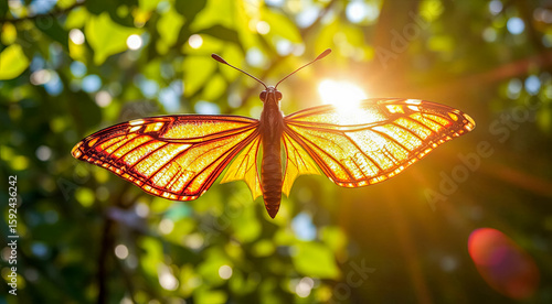 An illustration of a radiant butterfly in flight, with a depth-of-field background and bokeh.