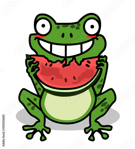 Illustration of a frog with a piece of watermelon