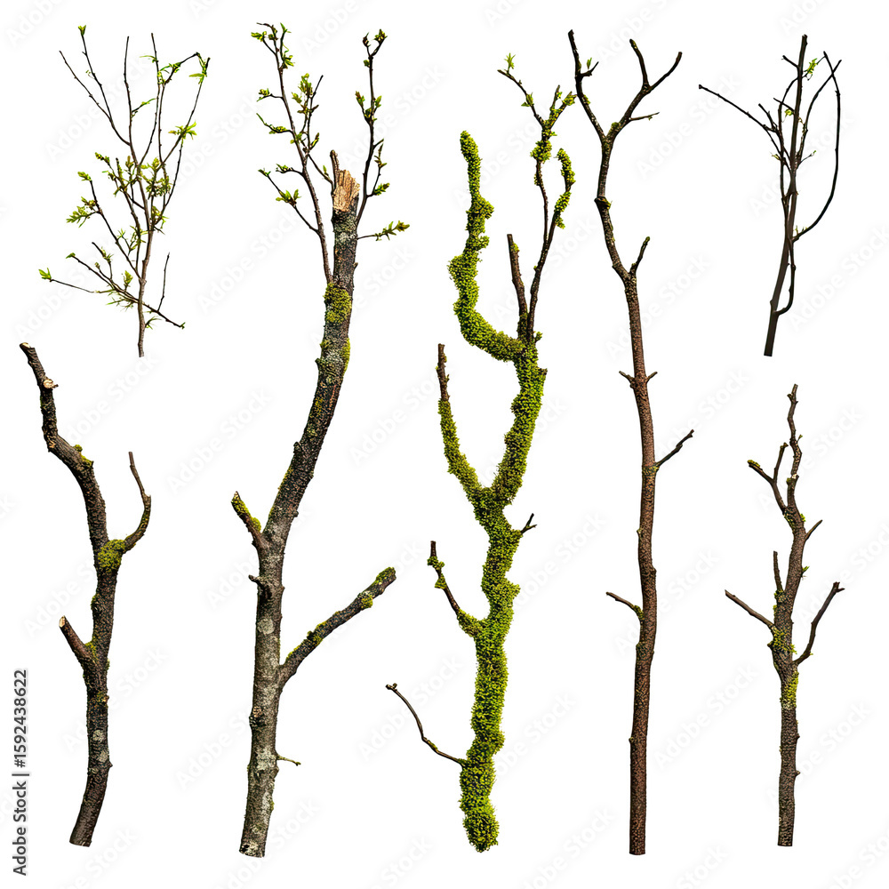 Fototapeta premium Big beautiful natural set of sticks and branches covered with rough bark texture isolated on white background