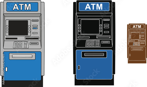Three ATM machines are displayed in varying styles and sizes, showcasing banking technology and financial access points in a clean, modern vector illustration.