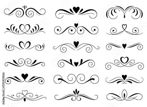 Collection of black decorative flourishes and heart ornaments on white background