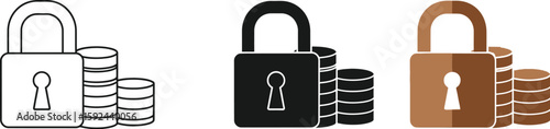 Three stylized icons showcase financial security with a padlock and coin stacks, representing asset protection and investment safety in a clean, modern design.