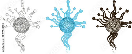 Three stylized abstract designs showcase a central sphere adorned with intricate patterns, connected to cubes via flowing lines, presented in monochrome, blue, and brown color schemes.