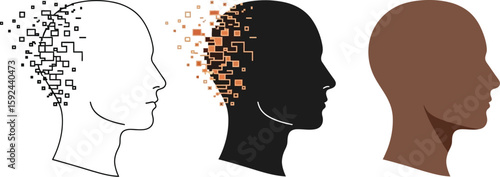 Conceptual artwork showcases human head profiles in varying stages of digital fragmentation, symbolizing memory loss, cognitive decline, or the digital transformation of identity.