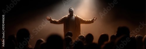 Charismatic presenter engaging audience under spotlight