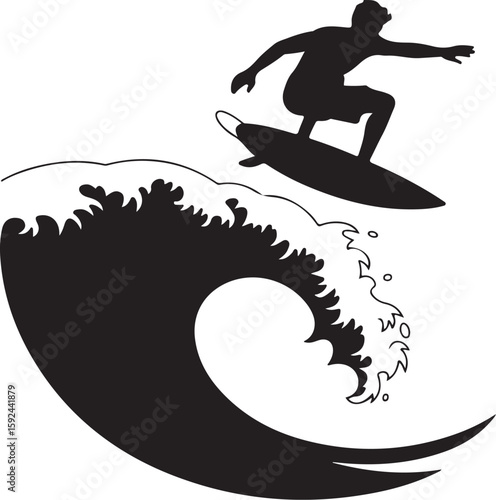 Surfer Silhouette Riding Big Wave Illustration

