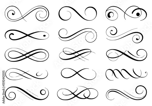 Collection of black decorative flourishes and swirls on white background ornate