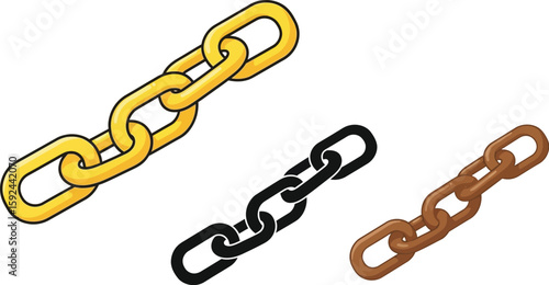 Three chain illustrations showcase gold, black, and brown links, offering a versatile visual for security, connection, or design projects with a clean, modern aesthetic.