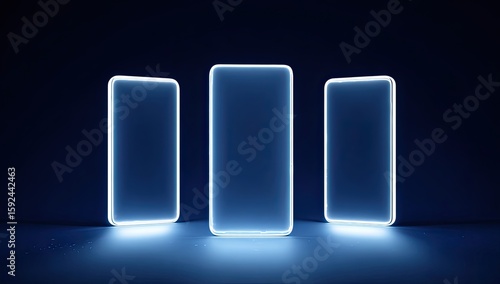 Three glowing phones in a dark studio