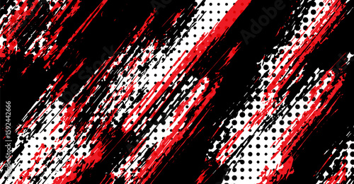 Dynamic streaks of black and red paint blend with halftone dots across a white backdrop, creating a bold, energetic abstract pattern that would be perfect for many creative projects