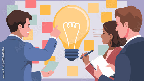 Minimalist Flat Vector SVG Illustration of Business People Discussing Bright Idea with Light Bulb Design in Modern Flat Style with Yellow and Blue Colors