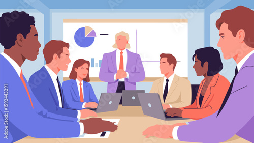Business Meeting Vector SVG Illustration with Group of Professionals in Flat Modern Style with Bright Colors