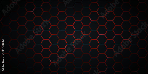 Dark wide hexagon abstract technology futuristic background with red bright energy flashes. Dark honeycomb texture grid. Vector illustration