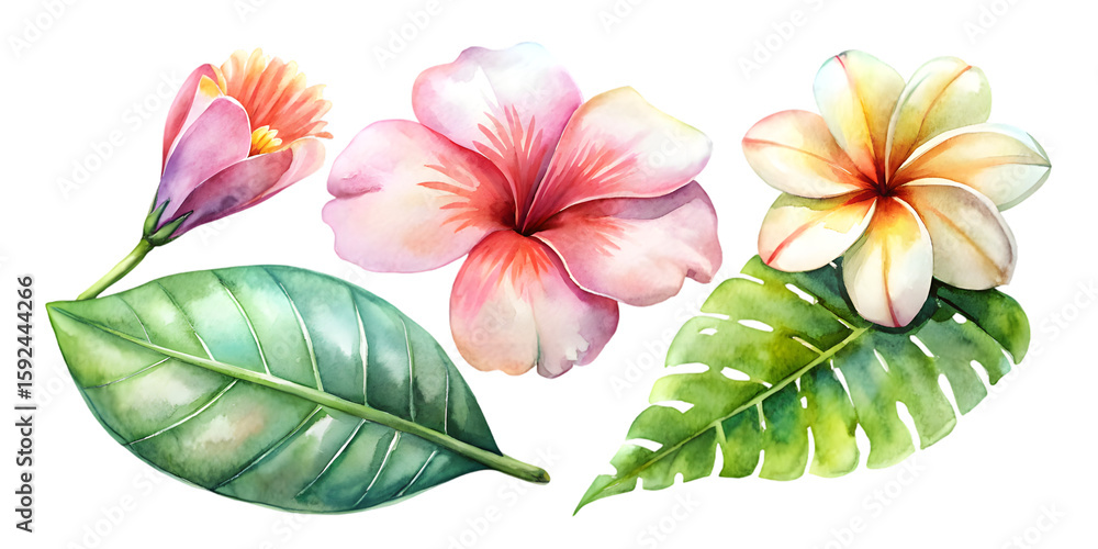 Fototapeta premium Watercolor painting of pink hibiscus flower with leaves and plumeria on a black background on transparent background