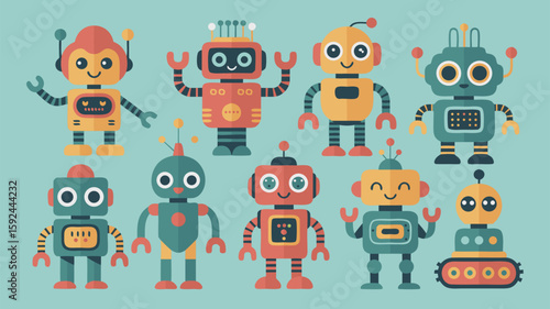 Vector SVG Illustration of Cute Robot Characters with Geometric Shapes in Flat Modern Style Bright Colors for Digital Media