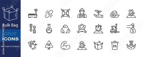 Bulk Bag icon set showing features like capacity, durability, eco-friendliness, protection, and easy handling for industrial and storage use.