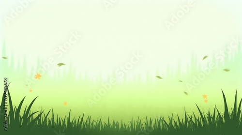 Fresh green grass on a sunny spring day background. A vibrant and cheerful nature scene with falling leaves, ideal for ecological or seasonal concepts.