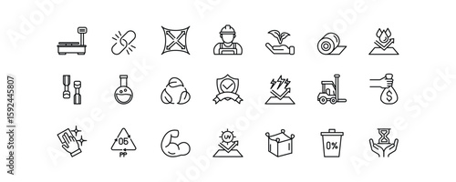 Bulk Bag icon set showing features like capacity, durability, eco-friendliness, protection, and easy handling for industrial and storage use.