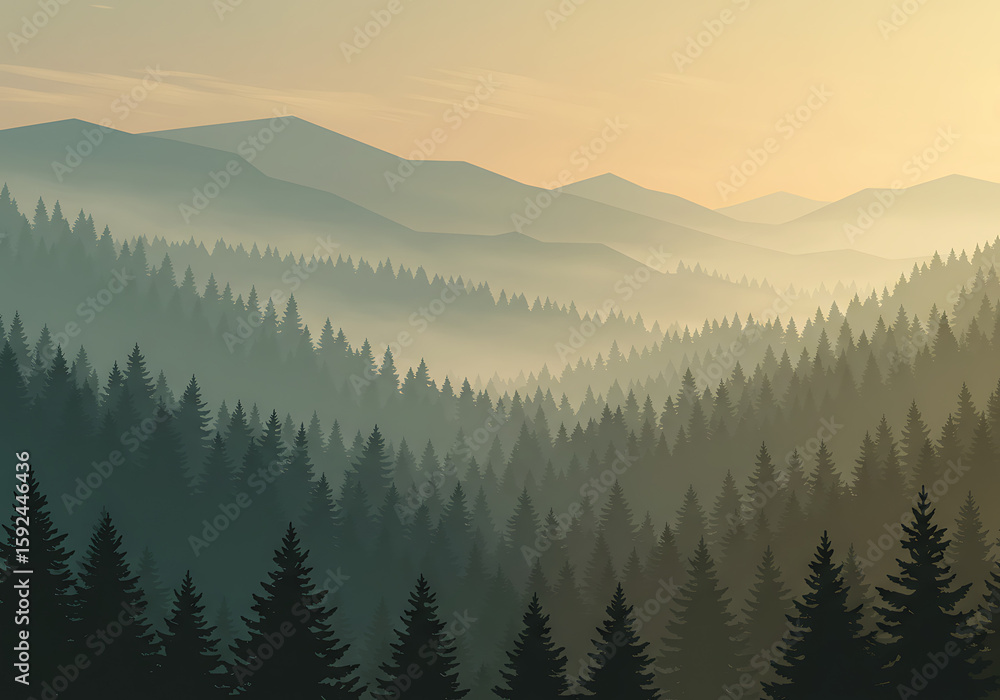 Obraz premium Serene sunrise over a misty, mountainous forest landscape. Rolling hills of evergreen trees shrouded in morning fog.