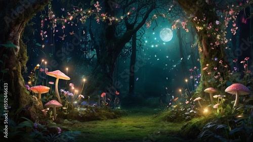 Magical enchanted forest with glowing fireflies, butterflies and colorful flowers. Fantasy nature background concept