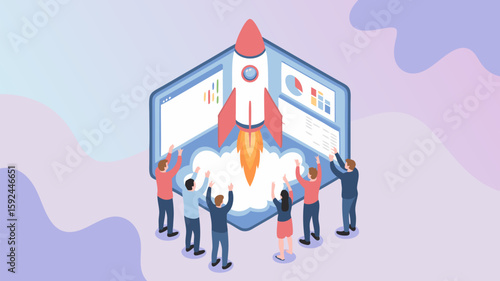 Vector SVG Illustration of Rocket Launch with People in Modern Flat Style Bright Colors Business Application