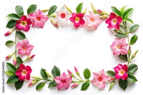 Floral Frame of Pink and White Mandevilla Flowers with Green Leaves