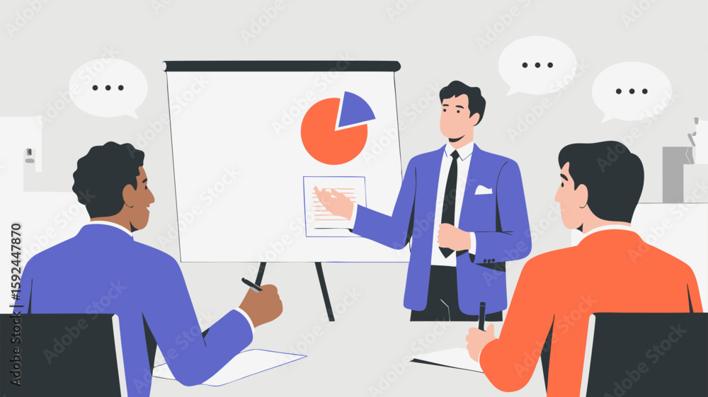 Obraz premium Minimalist Vector SVG Illustration of Business Presentation Scene with People and Chart in Flat Design Style