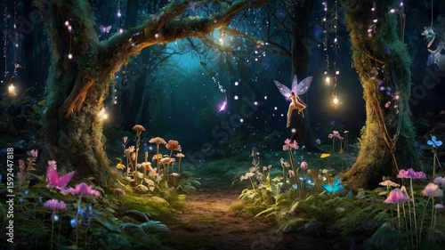 Magical enchanted forest with glowing fireflies, butterflies and colorful flowers. Fantasy nature background concept