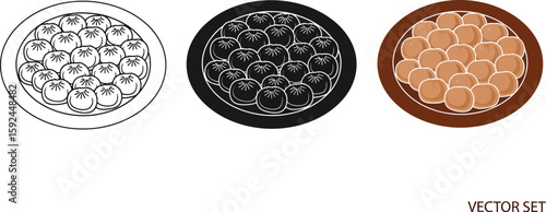 Delight in a vector set showcasing a plate of savory dumplings, presented in three distinct styles outline, silhouette, and full color, perfect for culinary designs.