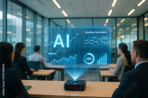 Business team observing holographic ai presentation on workflow optimization and data efficiency in modern office environment