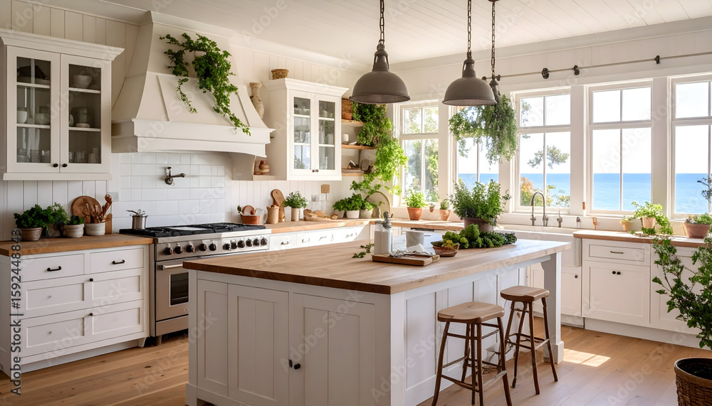 Fototapeta premium Bright White Coastal Kitchen with Ocean View