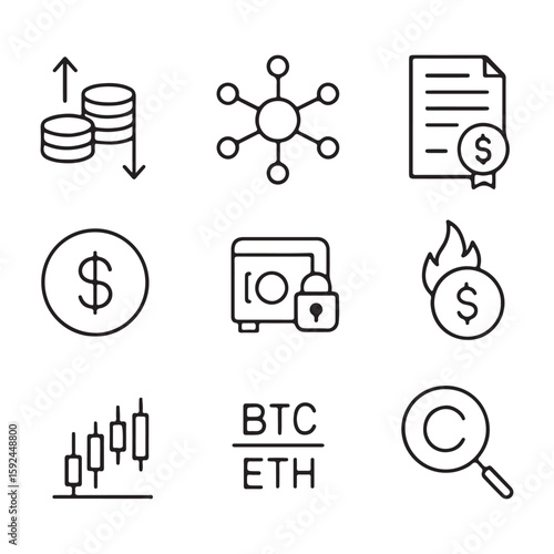 Cryptocurrency and Finance Line Icons Set with Market Chart, BTC ETH Exchange, Burning Dollar, Secure Vault, DeFi Network, Dollar Coin, and Investment Document