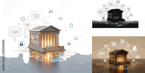 Architectural rendering showcases a classical building connected by glowing digital network lines and icons, symbolizing data flow and modern technology integration with traditional structures.